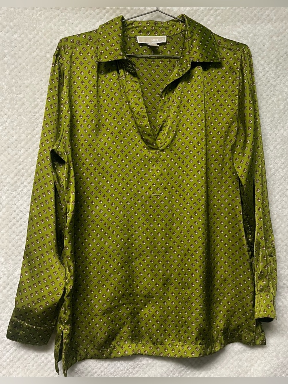 Michael Kors Womens Blouse Long Sleeves Olive Green Geometric Office Size Small